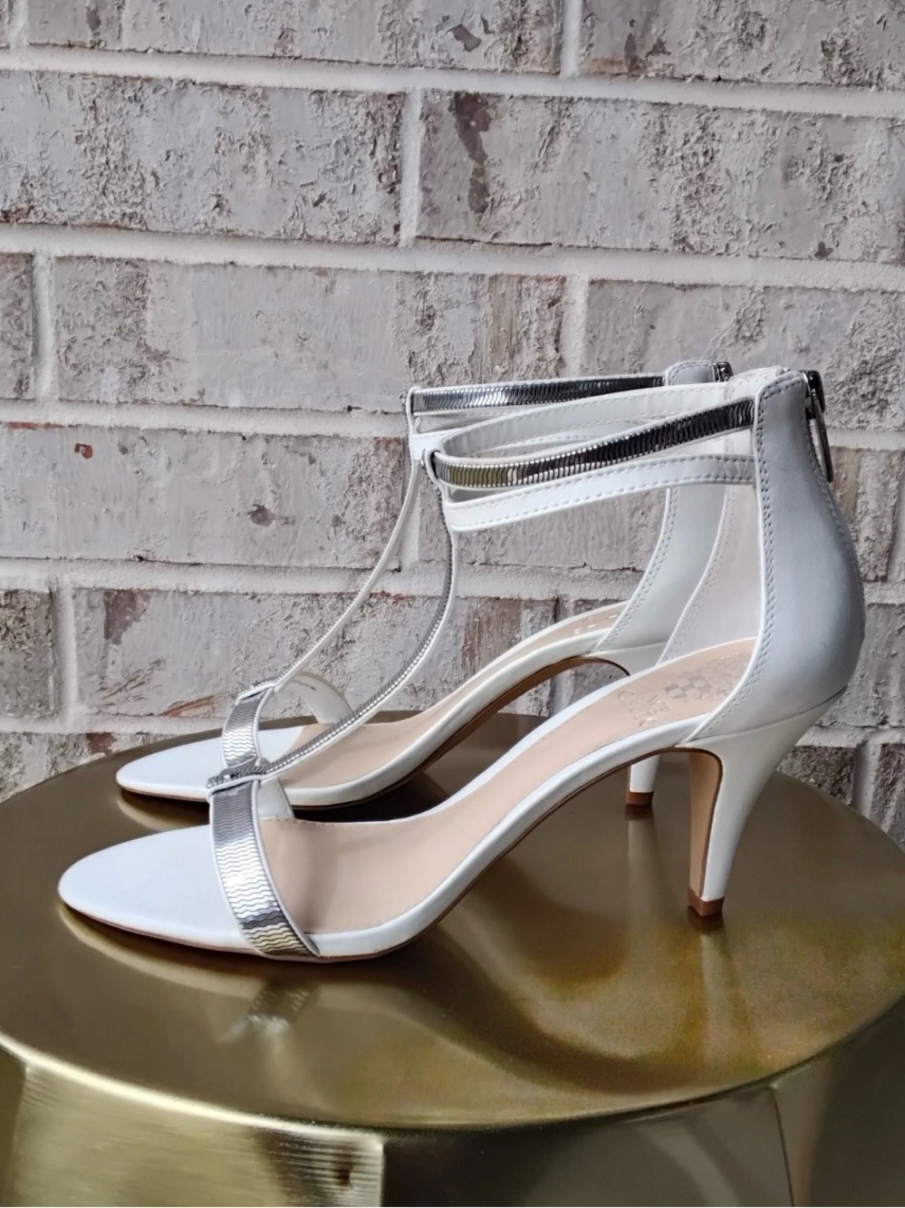 Vince Camuto White and Silver Ankle-Strap Dress Heels